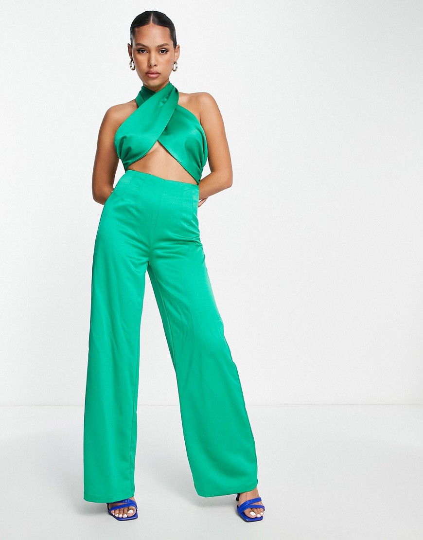 Extro & Vert halter neck jumpsuit with palazzo pants in emerald satin-Green