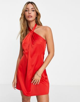 Extro & Vert halter neck slip dress in fiery red satin