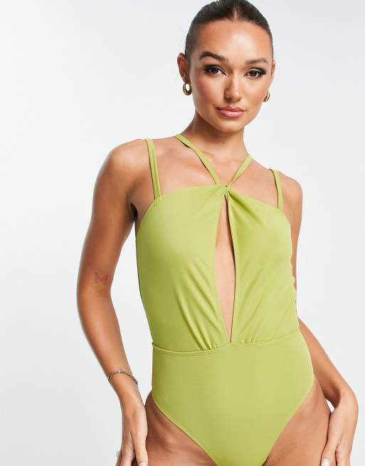 Extro & Vert halter neck strappy bodysuit in olive