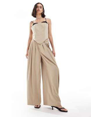 Extro & Vert High Waist Pleated Palazzo Pants In Stone & Black - Part Of A Set-multi