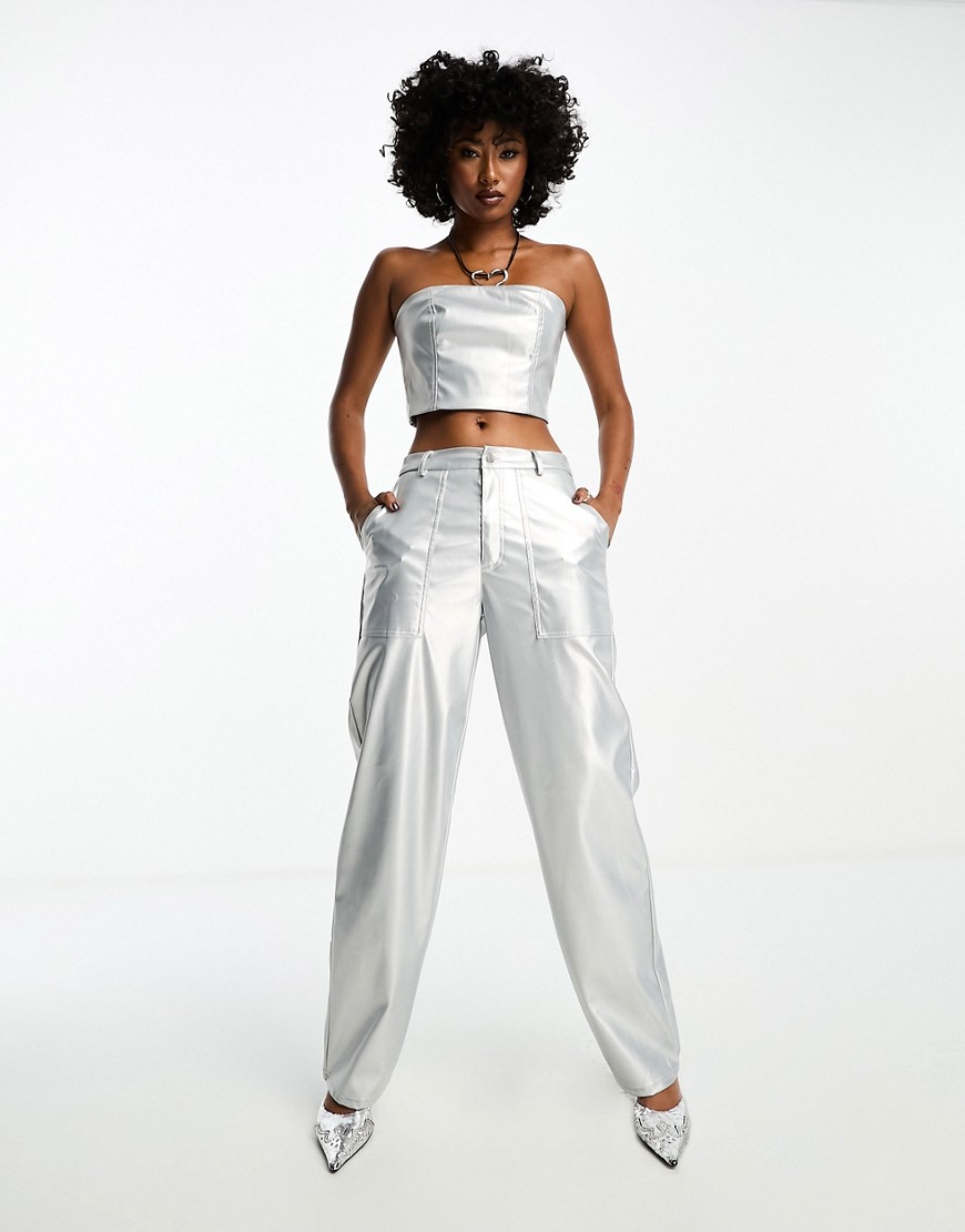 high waisted leather look pants in silver - part of a set