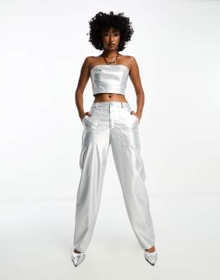Extro & Vert Extro & Vert high waisted leather look trousers co-ord in silver