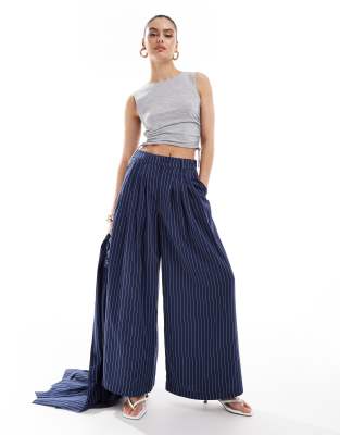 Extro & Vert Extro & Vert highwaisted pleated palazzo trousers in blue pinstripe co-ord