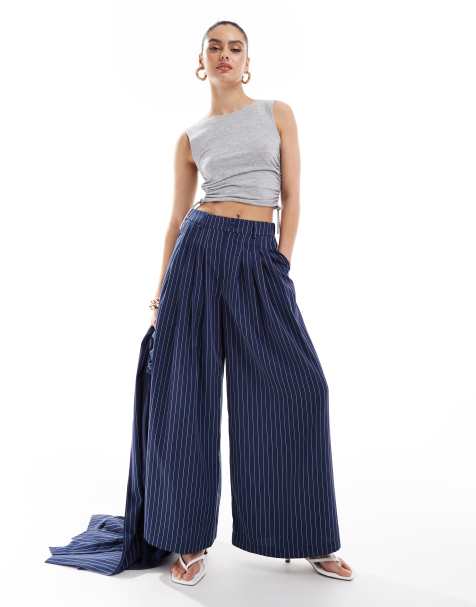 Extro & Vert highwaisted pleated palazzo trousers in blue pinstripe co-ord - view 1