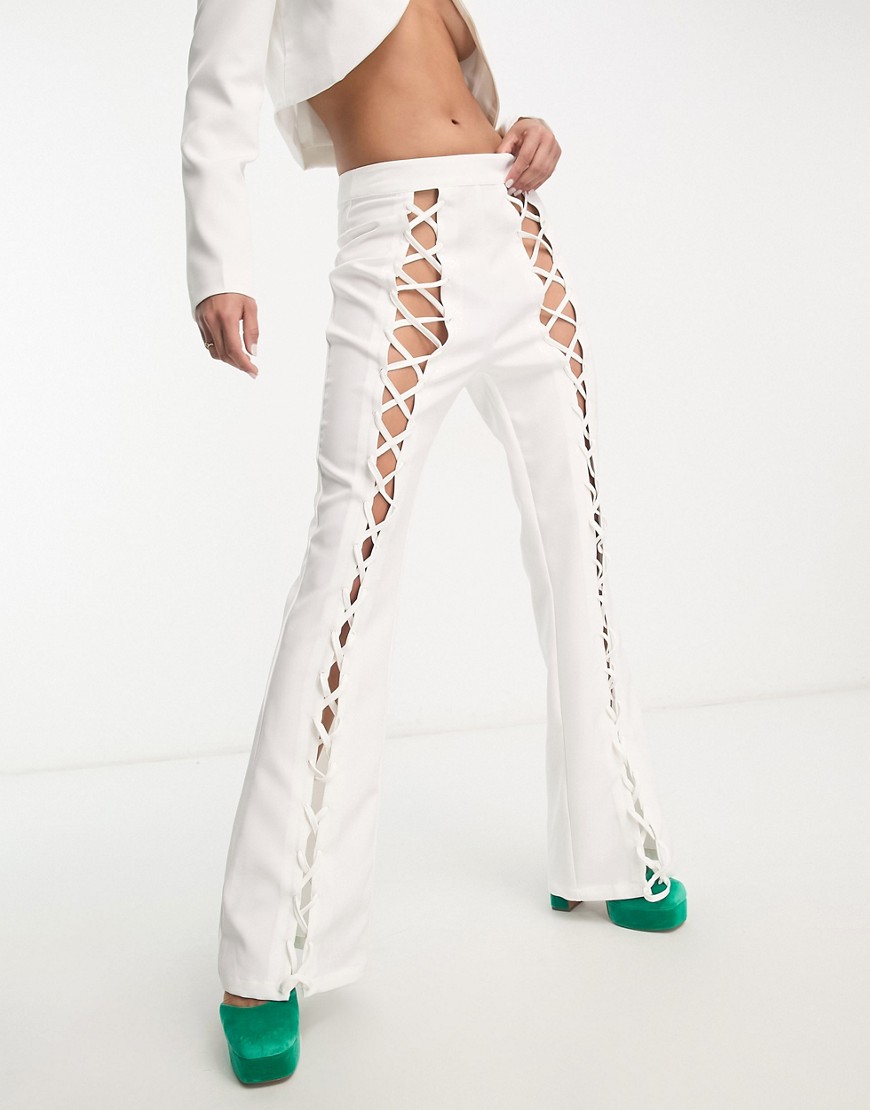 lace front flare leg pants in white - part of a set