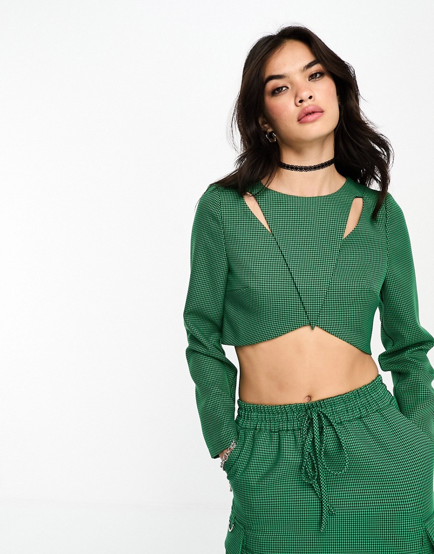 Extro & Vert long sleeve overlay crop top in green check co-ord-Black