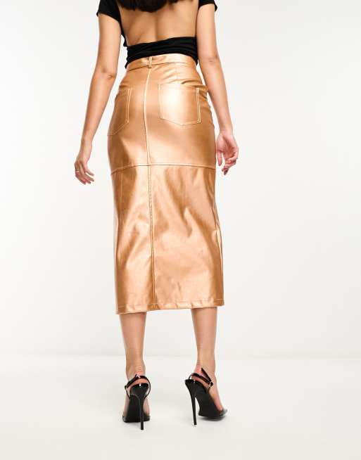 Extro Vert midi leather look skirt in copper metallic