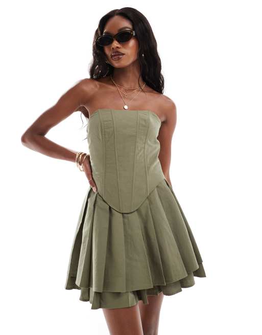 Extro & Vert - Mini bandeau-jurk met plooien in kaki