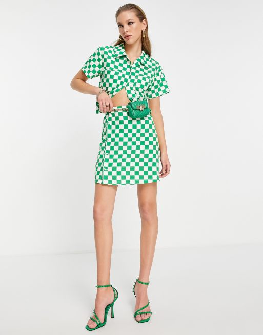 Extro & Vert - Mini-jupe boutonnée à damier - Vert vif