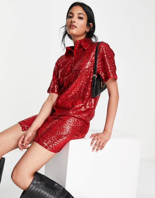 Extro & Vert mini shirt dress in ruby red sequin