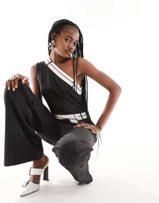 Extro & Vert one shoulder pinstripe jumpsuit with waistband detail