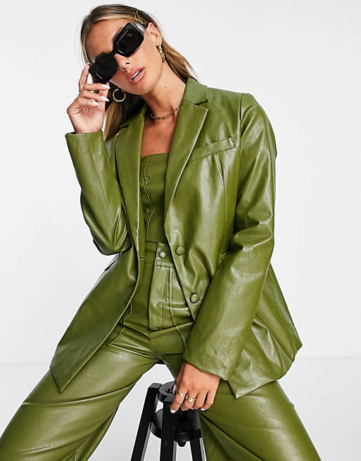 Extro & Vert oversized blazer in dark green faux leather (part of a set)