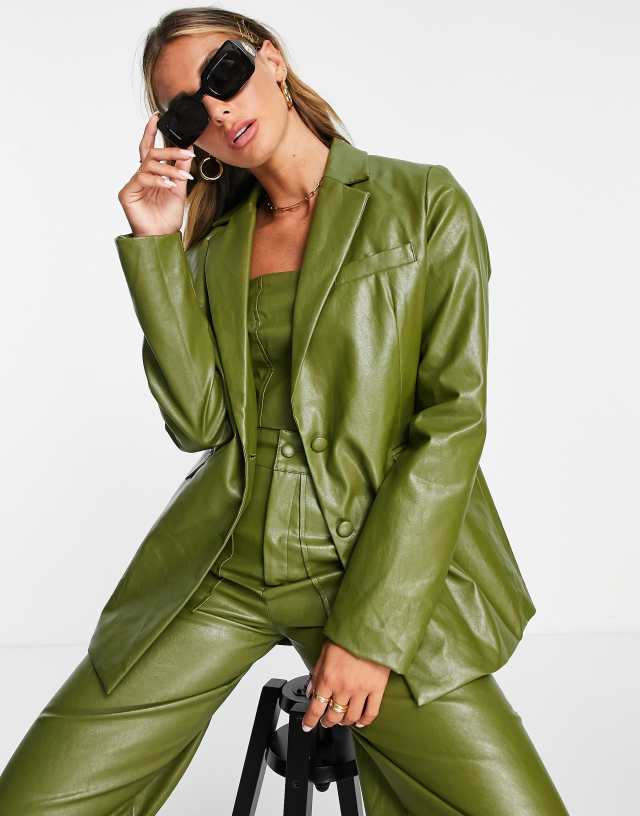 Extro & Vert oversized blazer in dark green faux leather - part of a set