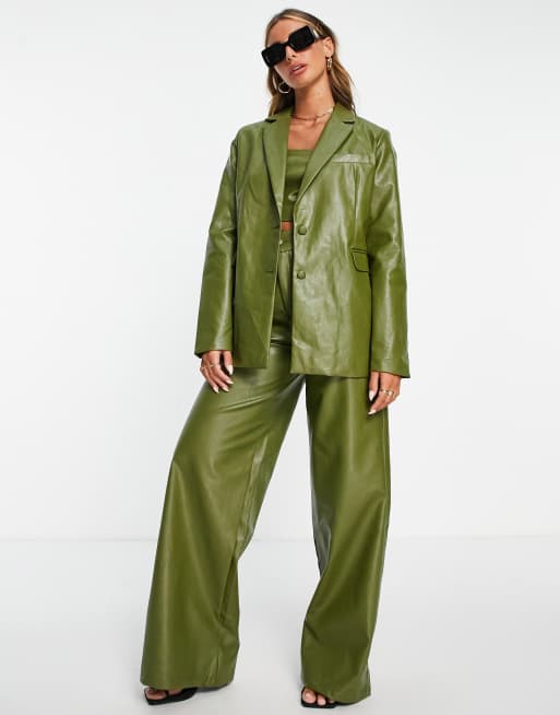 Extro & Vert - Oversized blazer in donkergroen kunstleder, deel van co-ord set, 3 van 4
