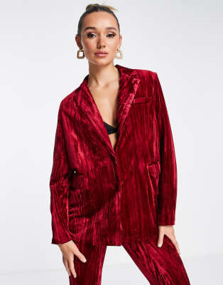 Extro & Vert Oversized Blazer In Ruby Red Velvet Co-Ord