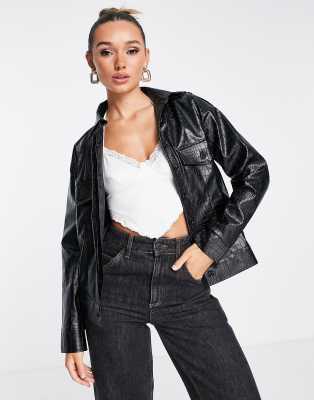 Extro & Vert Oversized Faux Croc Cropped Trucker Jacket In Black | ModeSens