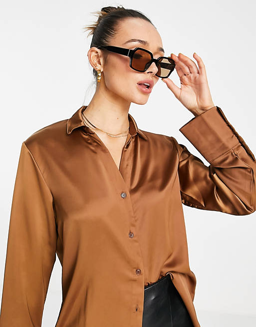 Tops Shirts & Blouses/Extro & Vert oversized satin shirt in midnight brown 