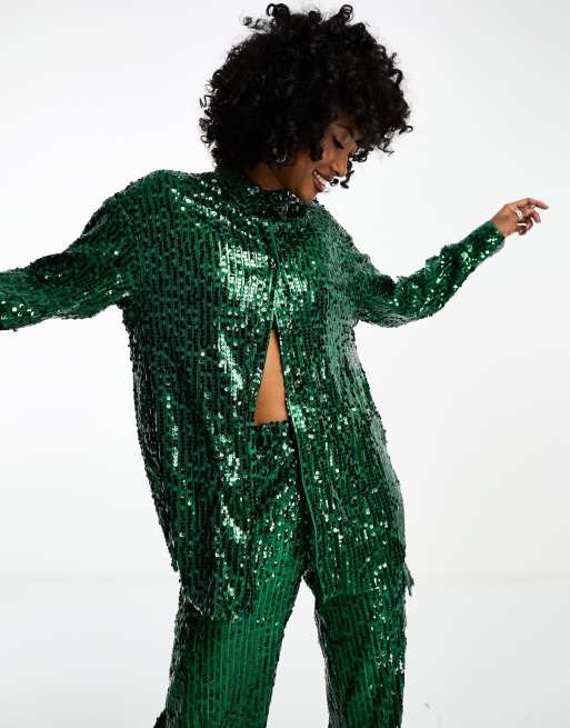 Extro & Vert oversized sequin shirt co-ord in emerald green