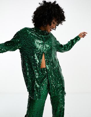 Extro & Vert oversized sequin shirt co-ord in emerald green - ASOS Price Checker