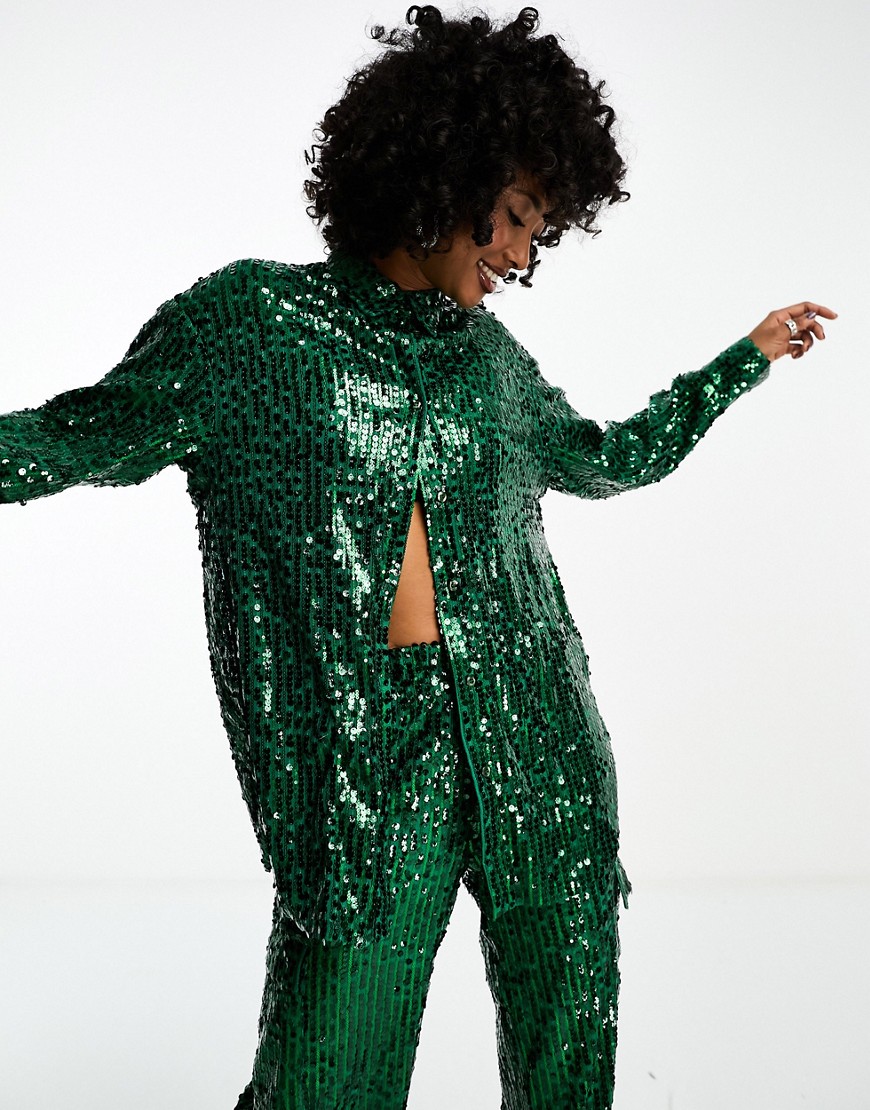 oversized sequin shirt in emerald green - part of a set