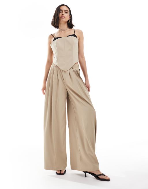 Extro & Vert - Pantalon palazzo d'ensemble plissé à taille haute - Noir/taupe