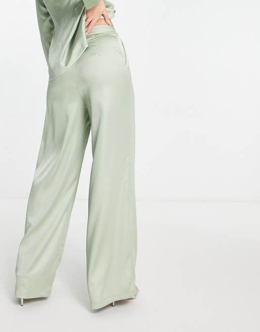 Extro & Vert - Pantaloni a pieghe con fondo ampio in raso con bottone gioiello a cuore in coordinato, 3 di 4