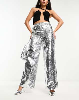 Zsangbee Pantaloni A Gamba Larga Metallizzati Con Paillettes | Vita Alta Elastica Per Donna | Argento/Oro - 2