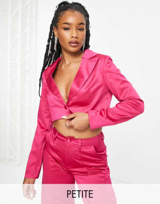 Extro & Vert Petite boxy cropped blazer in hot pink satin co-ord