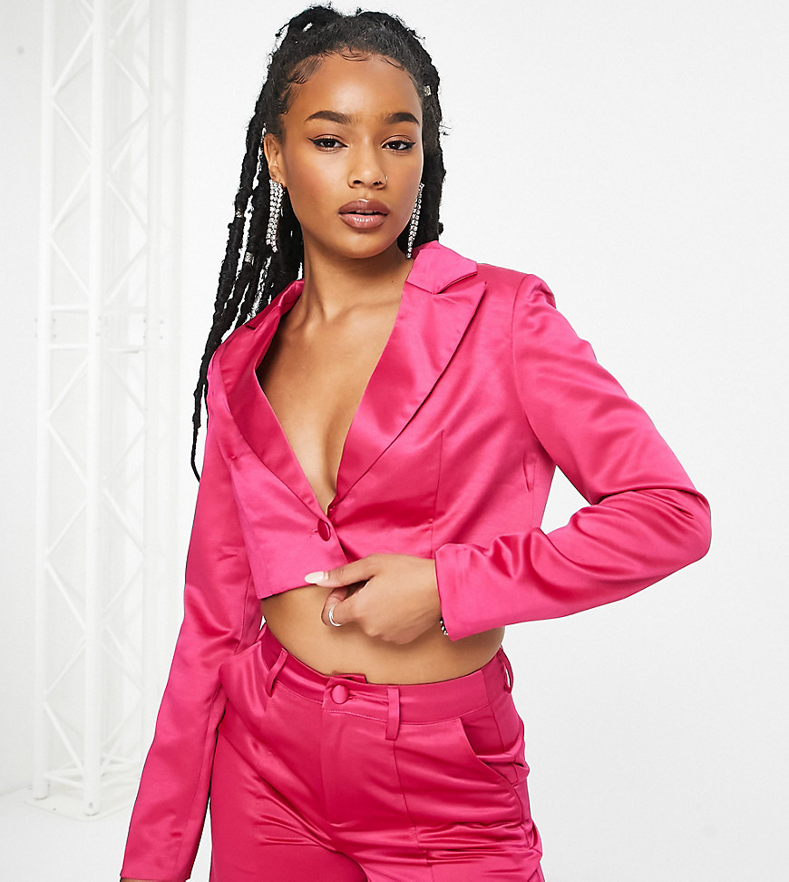 Extro & Vert Petite boxy cropped blazer in hot pink satin co-ord