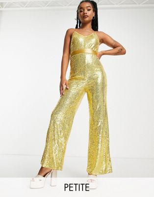 Extro & Vert Petite cami wide leg jumpsuit in gold sequin - ASOS Price Checker