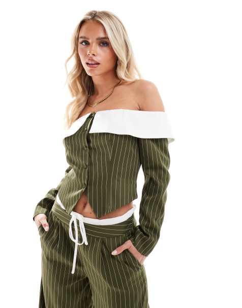Extro & Vert Petite longline corset bandeau blazer top in khaki stripe co-ord - view 1