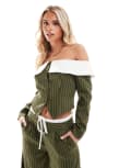 [Extro & Vert Petite] Extro & Vert Petite longline corset bandeau blazer top in khaki stripe (part of a set)-Green 10 KHAKI