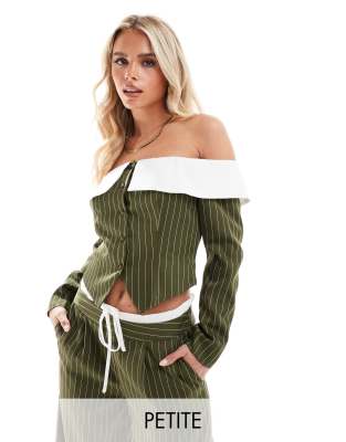 longline corset bandeau blazer top in olive stripe - part of a set-Green