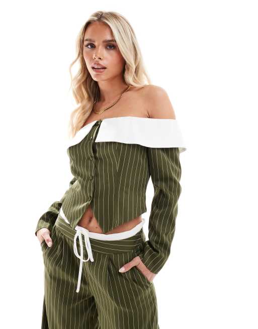 Extro & Vert Petite longline corset bandeau blazer top in olive stripe - part of a set