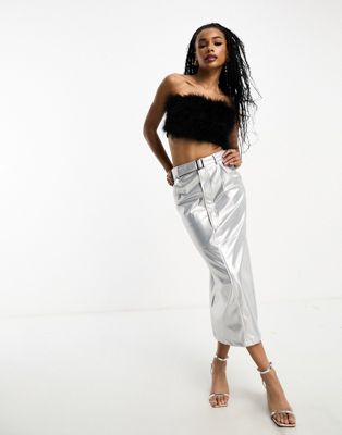 Extro & Vert Petite midaxi leather look skirt in silver