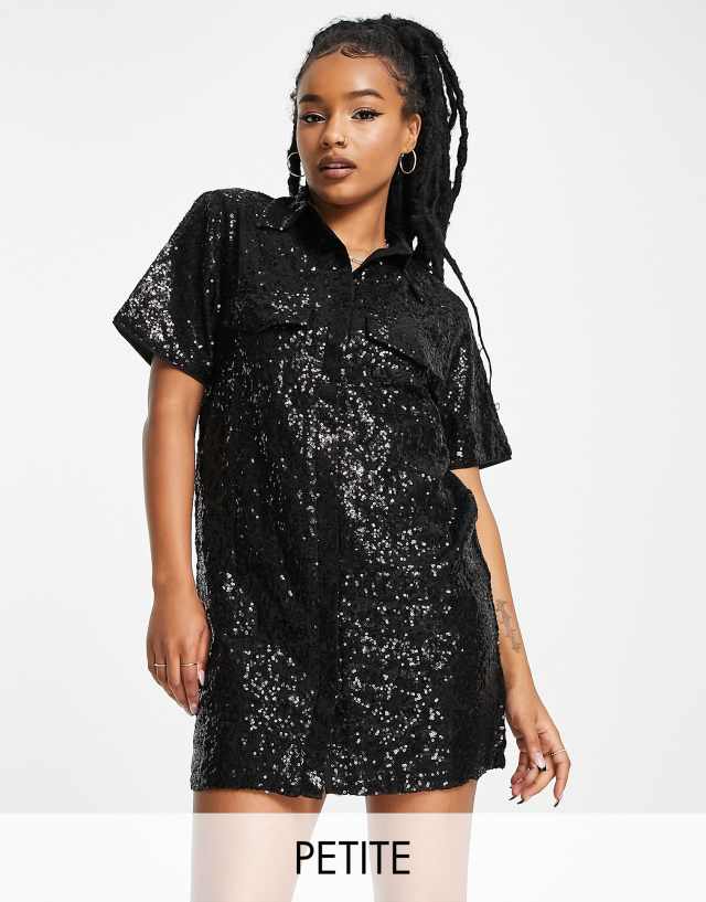 Extro & Vert Petite mini shirt dress in black sequin