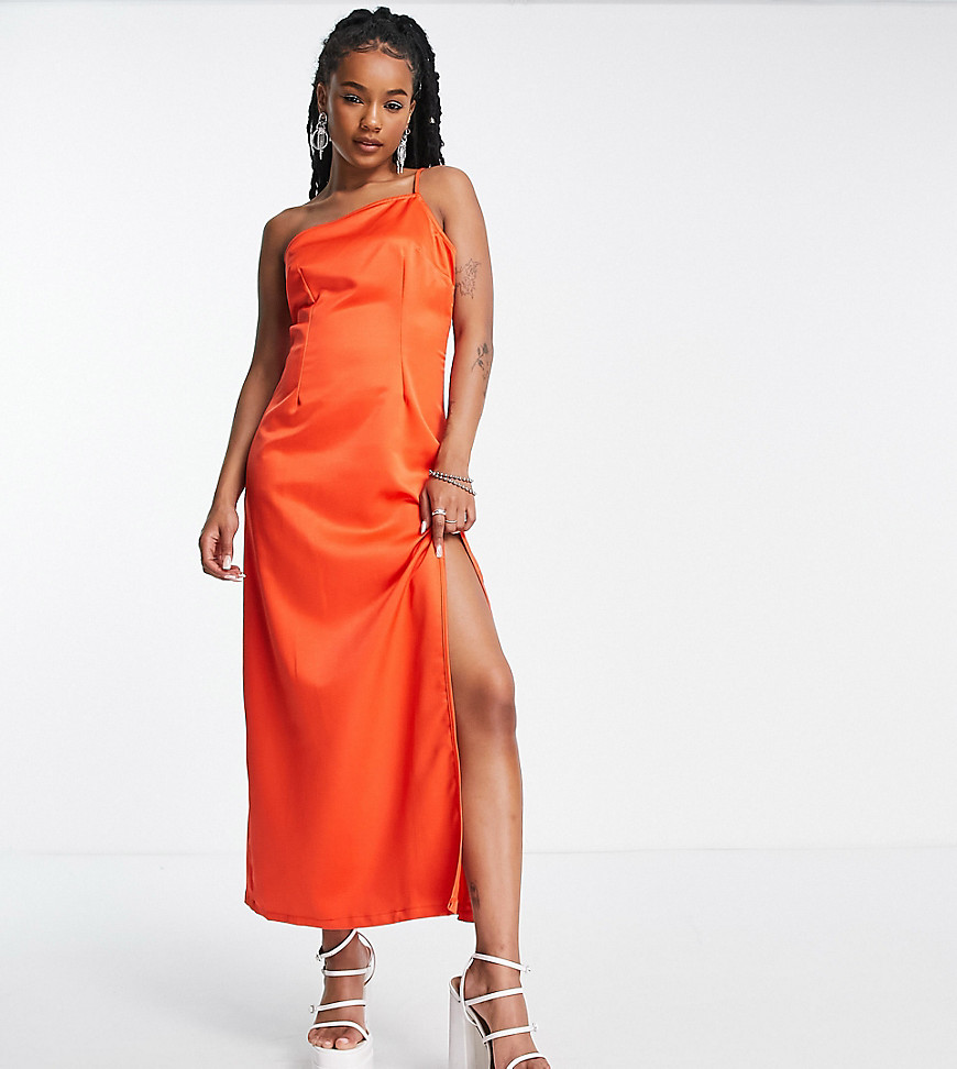 one shoulder maxi dress with split in rust satin-Copper