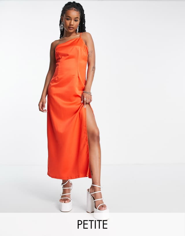 Extro & Vert Petite one shoulder maxi dress with split in rust satin