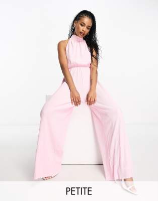 Extro & Vert Petite - Plissierter Neckholder-Jumpsuit in Babyrosa mit extrem weitem Bein