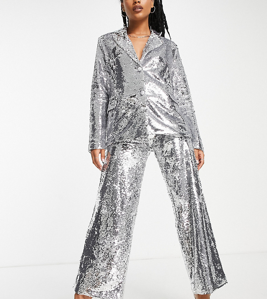 Extro & Vert Petite slouchy wide leg trousers in silver sequin co-ord
