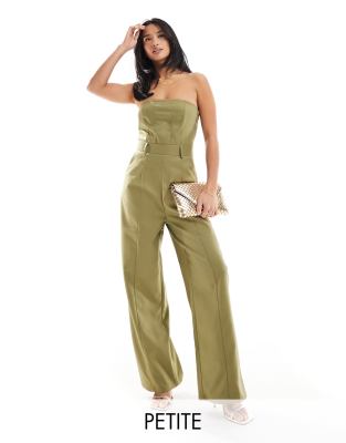 Extro & Vert Petite - Trägerloser Jumpsuit in Khaki mit weitem Bein-Grün