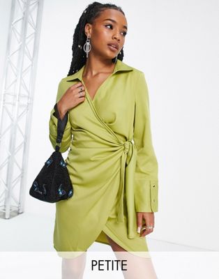 Extro & Vert Petite Wrap Front Mini Dress In Olive-green