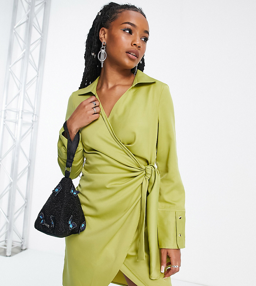 wrap front mini dress in olive-Green