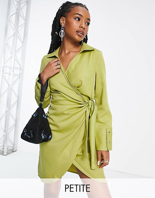 Extro & Vert Petite wrap front mini dress in olive 