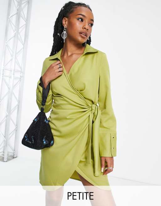 Extro & Vert Petite wrap front mini dress in olive | ASOS