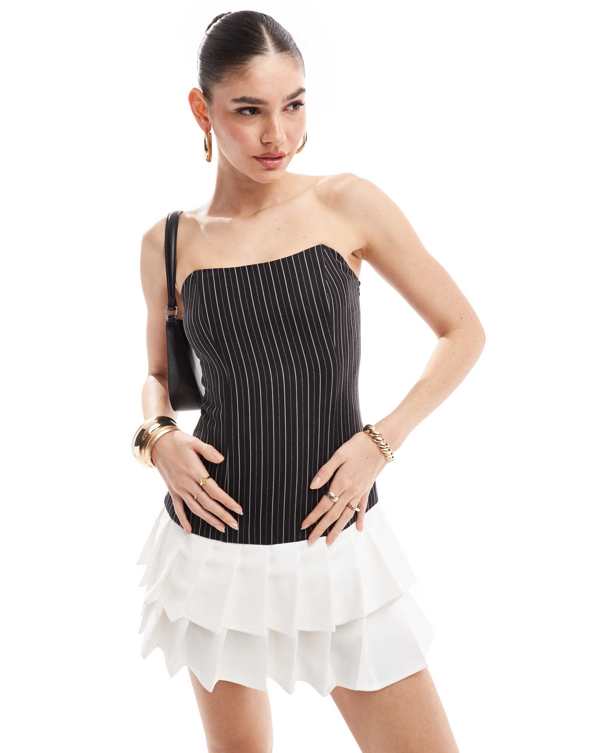 extro & vert pinstripe mini bandeau dress in black