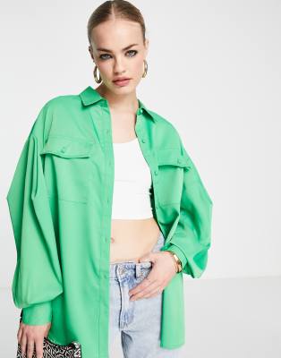 Extro & Vert pleated oversized shirt in bold green - ASOS Price Checker