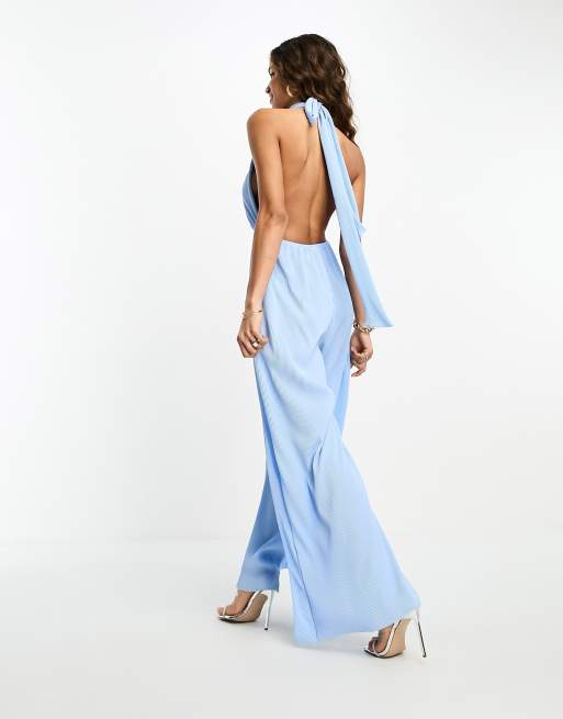 Bright Blue One Shoulder Plisse Wide Leg Jumpsuit