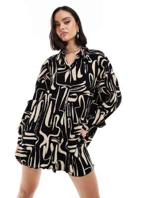 Extro & Vert Extro & Vert plisse shirt in camel and black abstract print co-ord-Multi