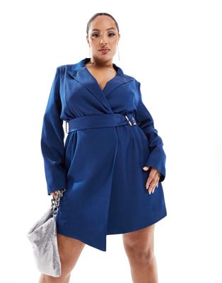 Extro & Vert Plus Belted Mini Blazer Dress In Cobalt-blue